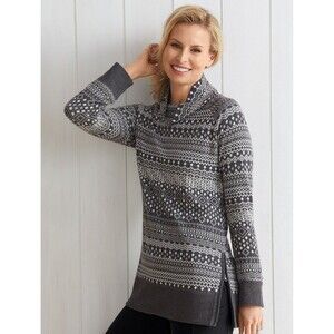 T by Talbots Jacquard Funnel Neck Sweater Women's Large Gray Nordic Fair Isle